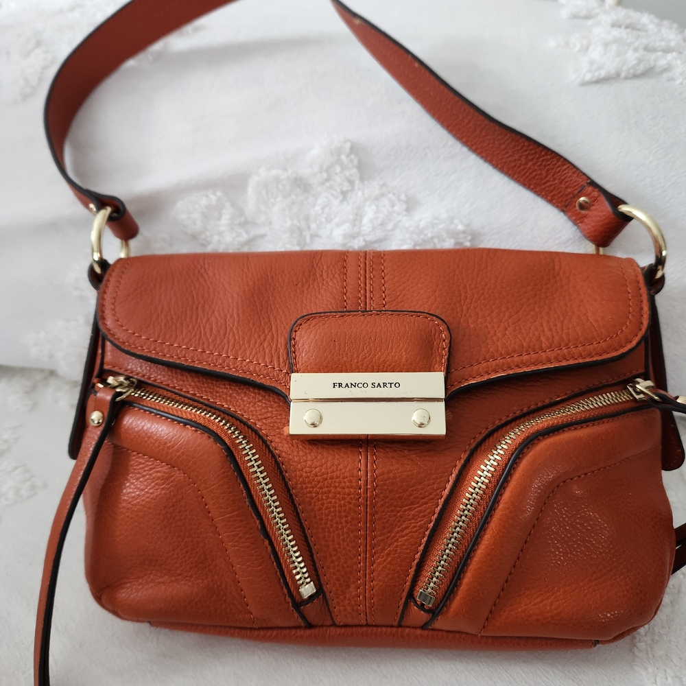 Franco Sarto Burnt Orange Leather Shoulder Bag With Snap Closure &Olive Interior